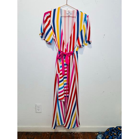 COLOR ME COURTNEY White Multicolor Stripes Taira Front Slit Wrap Dress size XS - Picture 4 of 16